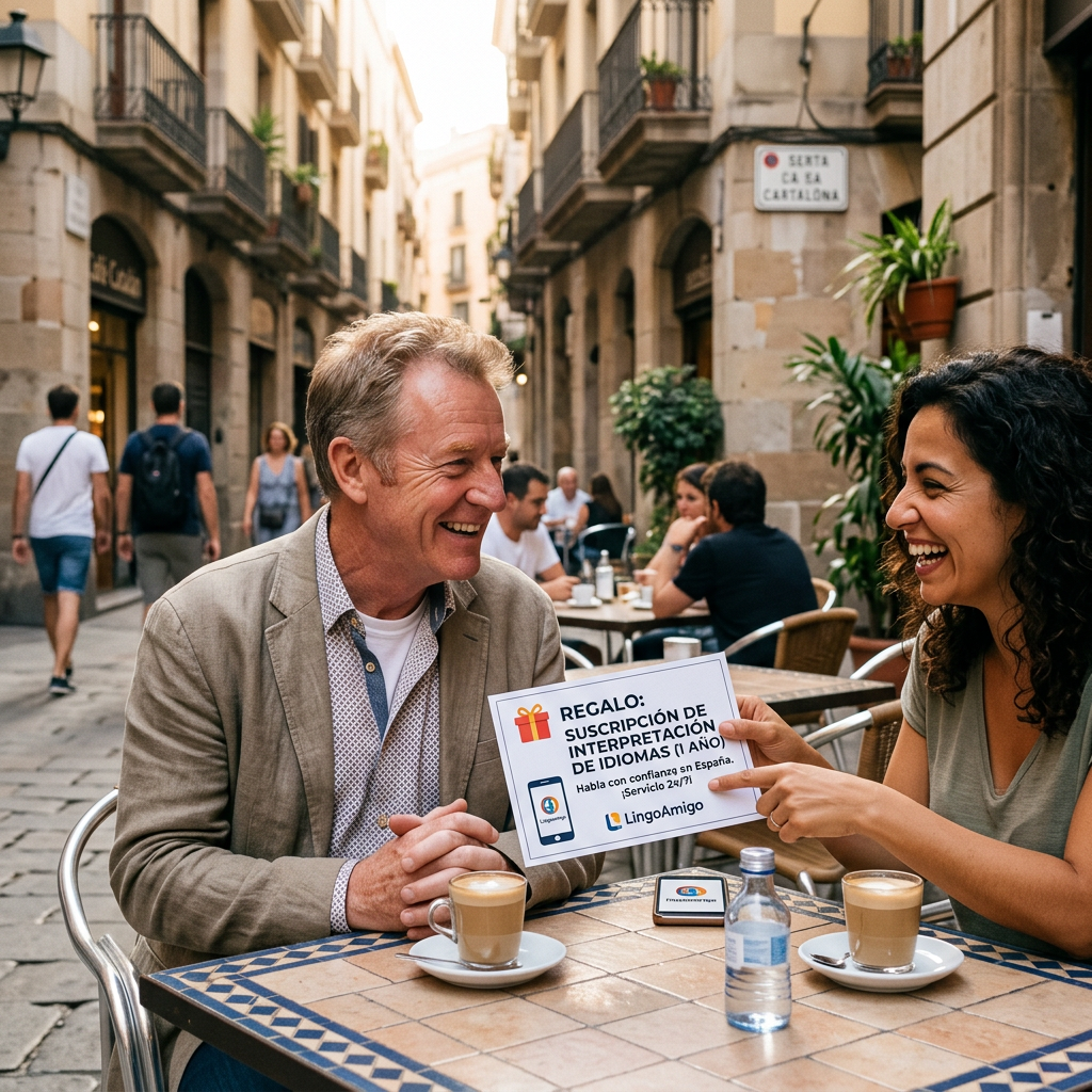 Two people smiling at an outdoor café holding a sign about a free one-year language interpretation subscription