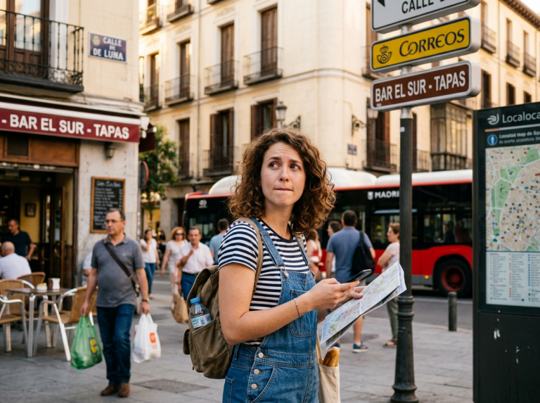 Young woman holding a map and smartphone looking unsure on a city street corner
