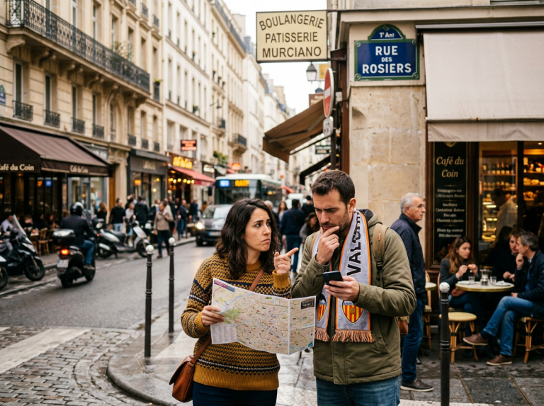 Tourists consulting map and phone on Rue des Rosiers in Paris