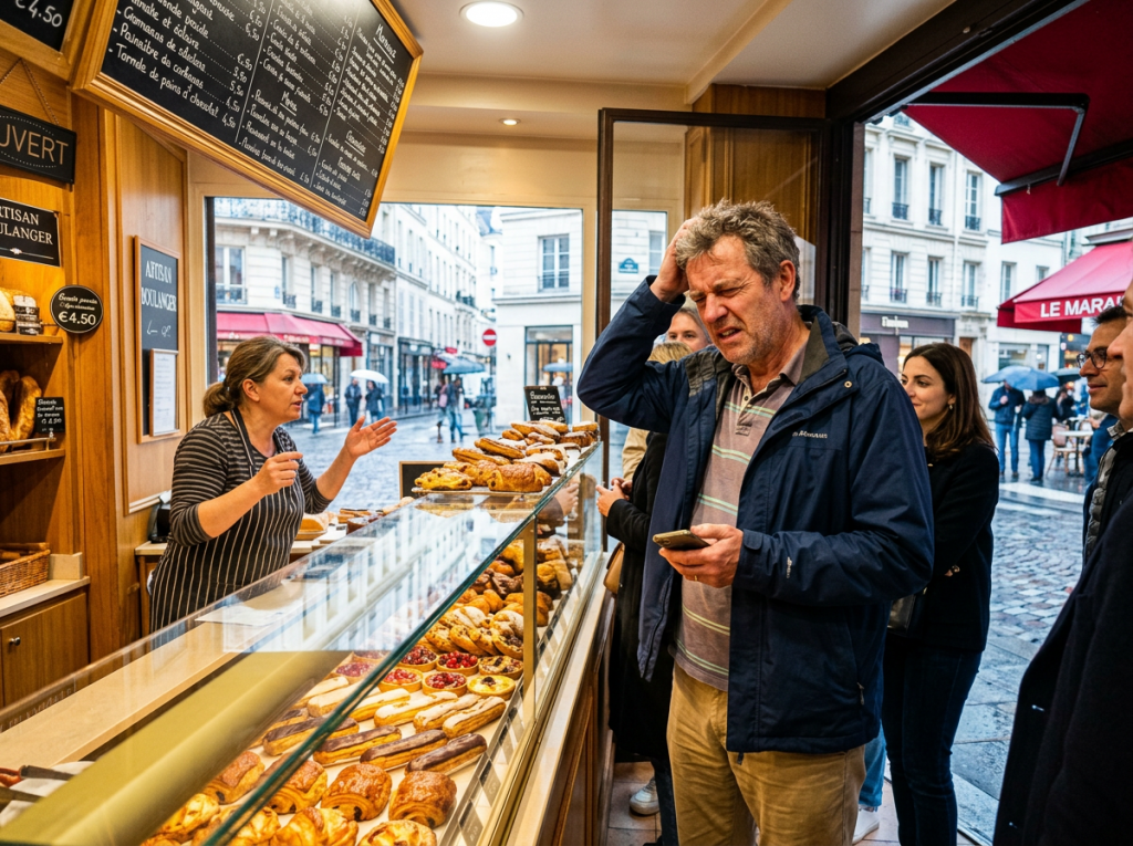Man scratching head looking confused while ordering pastries at bakery counter with staff and customers