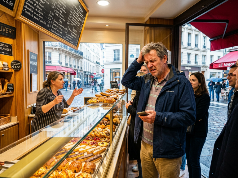 Man scratching head looking confused while ordering pastries at bakery counter with staff and customers