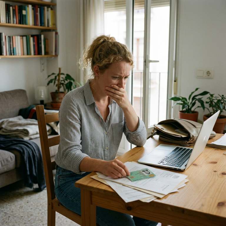 Woman sitting at a table looking worried while holding documents and ID card