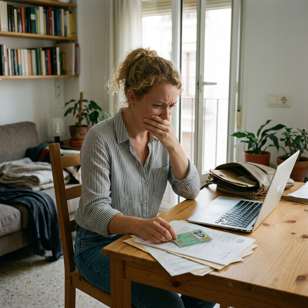 Woman sitting at a table looking worried while holding documents and ID card