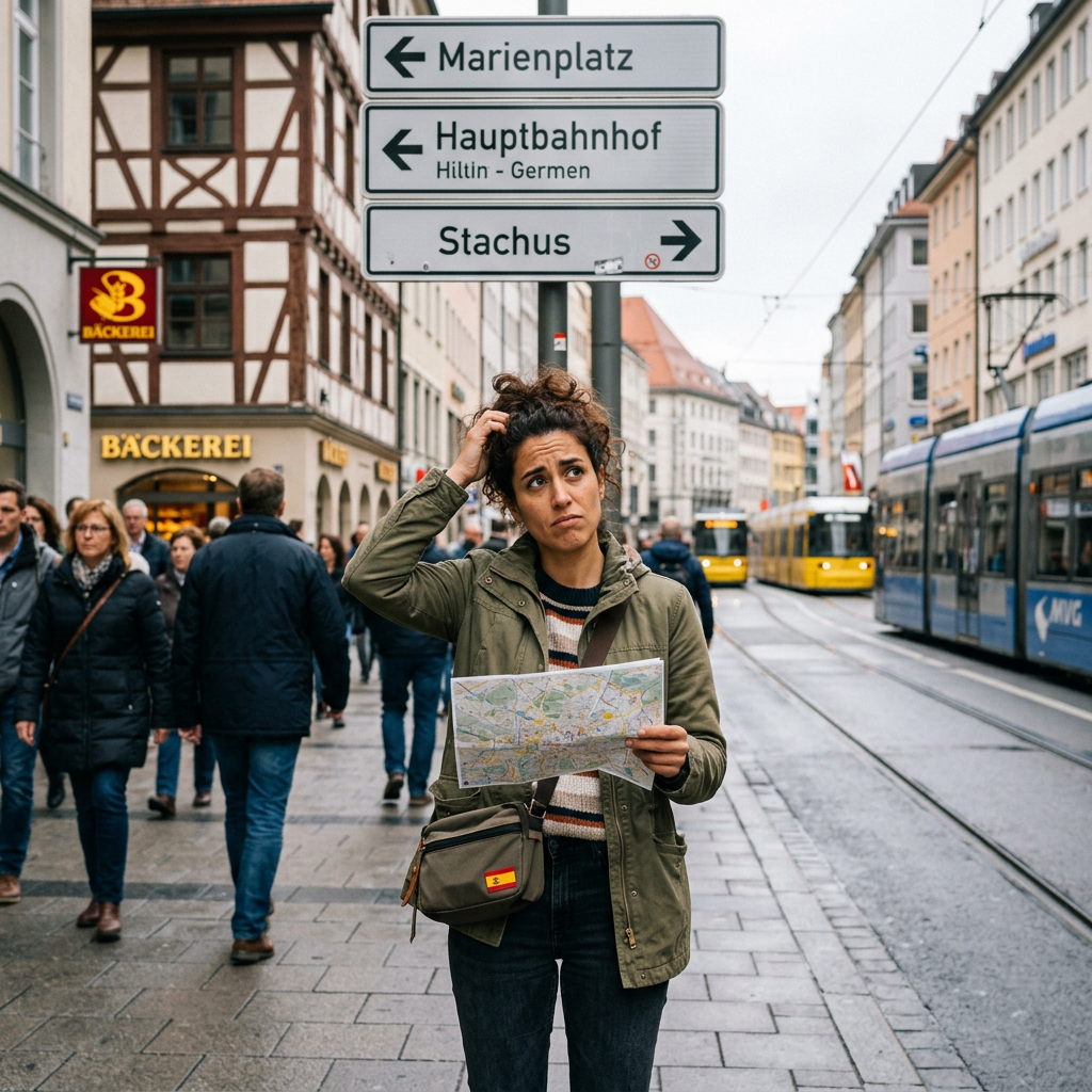 Tourist holding map looking confused on busy street in Munich with trams and directional signs