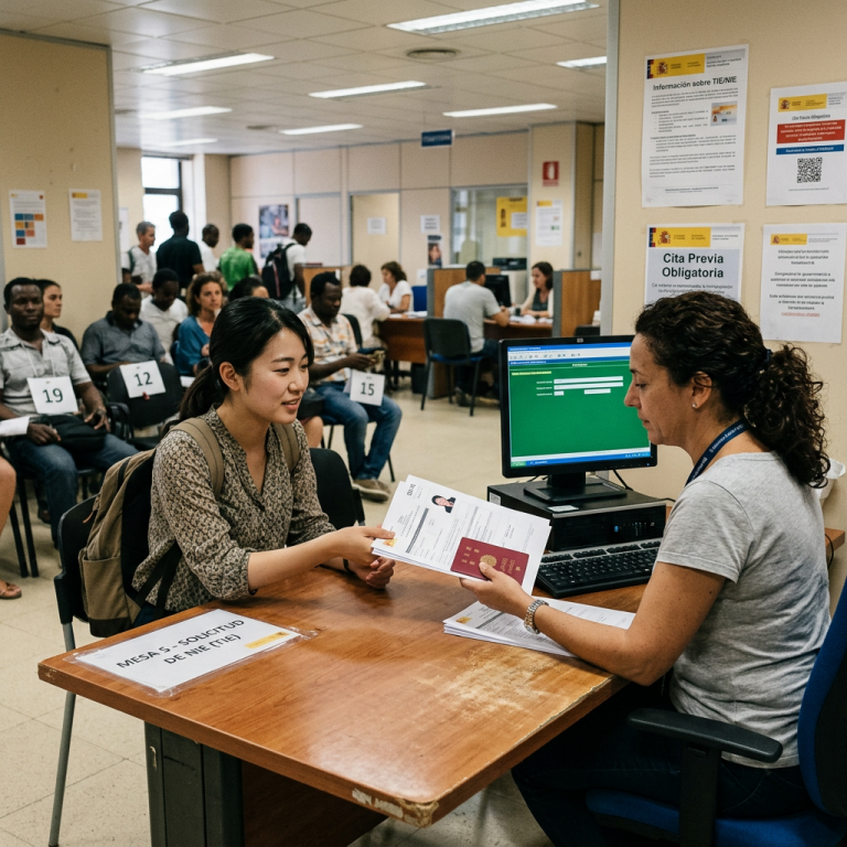 A woman handing a passport and documents to an immigration officer at a service desk