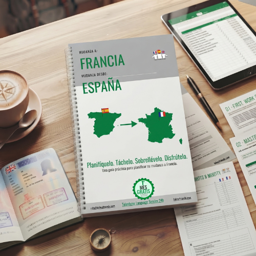 MOVING TO FRANCE FROM SPAIN WORKBOOK Desk with coffee