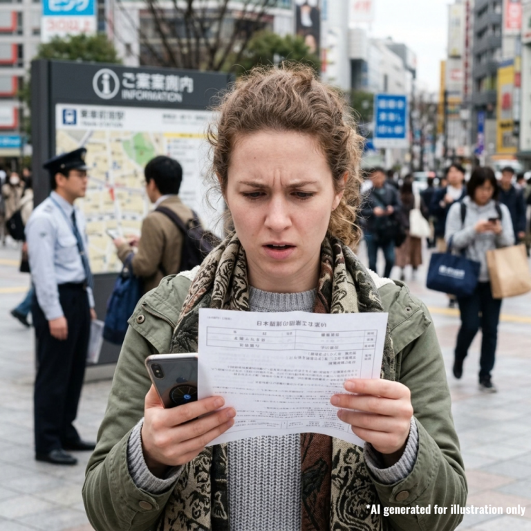 Woman looking confused receiving a message ina foreign language